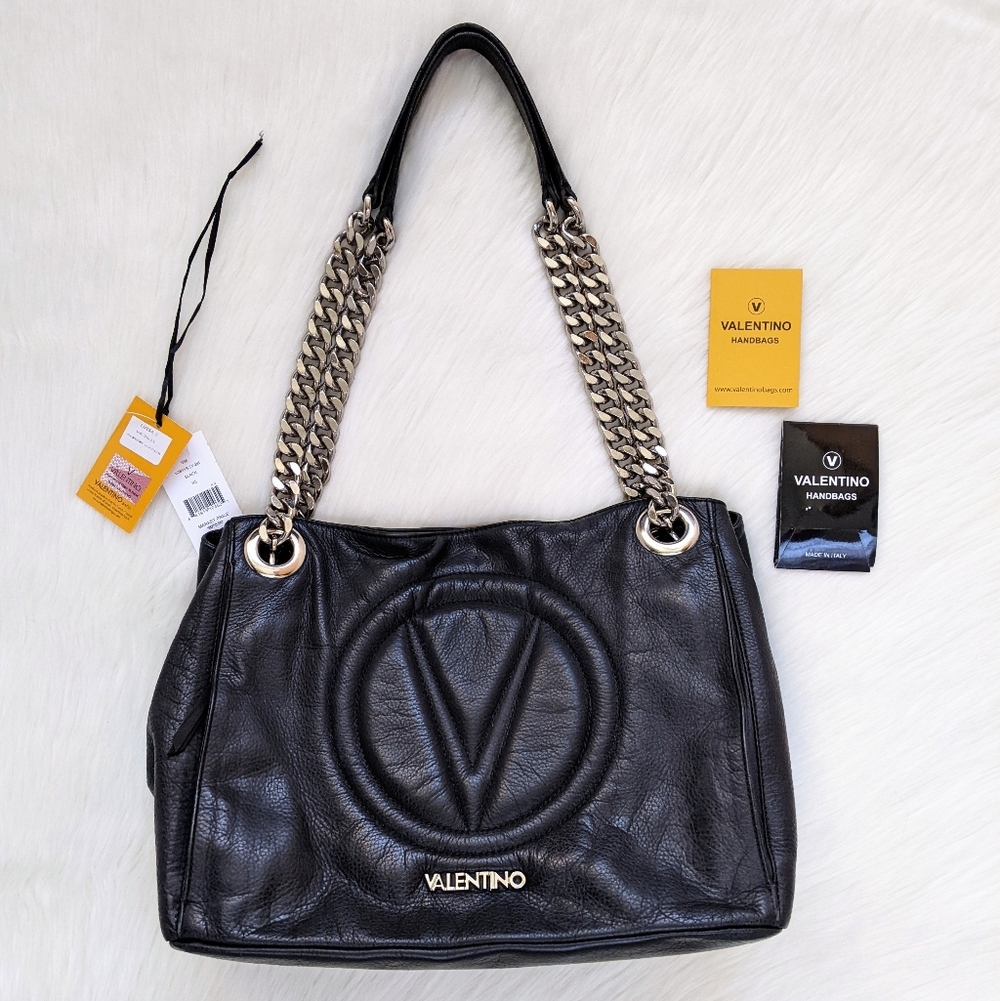 Valentino Luisa Black Leather Tote Bag With Silver Metal Chain Straps